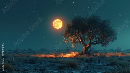 Wallpaper Mural An olive tree in the middle of an arid field at night with a full moon. Torontodigital.ca