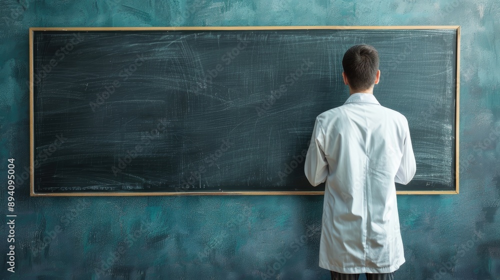Teacher in front of blackboard in school setting Background with text space