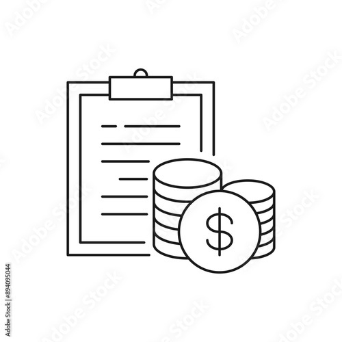 Money checklist. Dollar coins with clipboard icon line style isolated on white background. Vector illustration