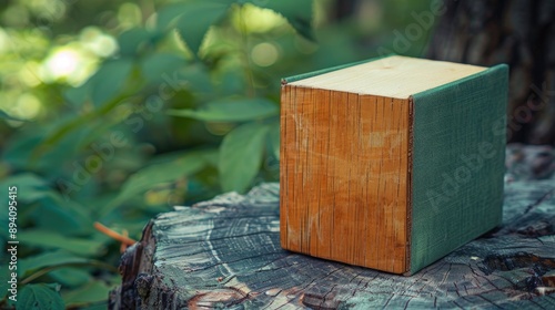 Wooden cube focal point green notebook