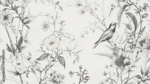  A delicate hand-drawn pattern of botanicals and birds, arranged in an elegant combination with subtle shading for depth. floral line art, floral patterns, seamless patterns, large flowers, background