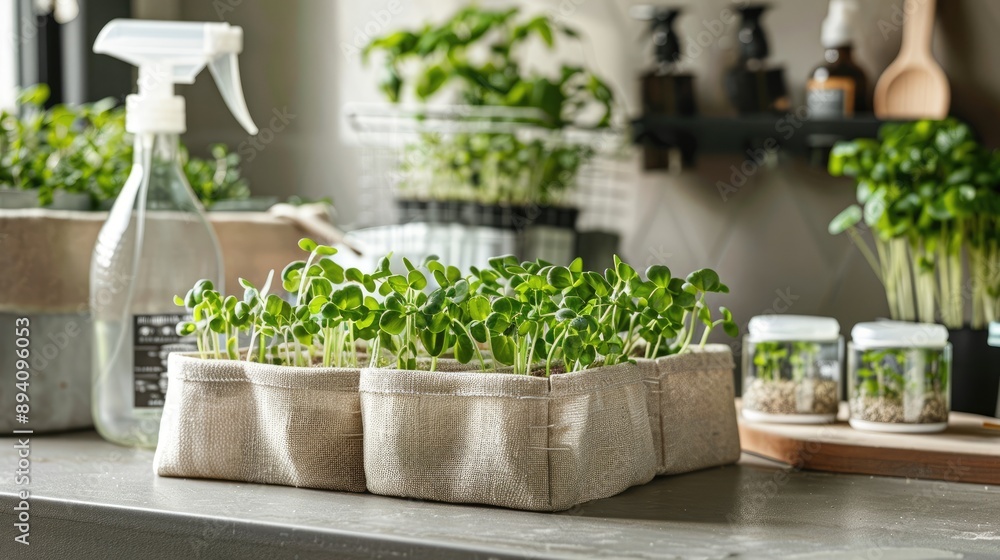 Home microgreen growing kit: linen base, seed packets, spray bottle, and lidded plastic bowls. Close-up of seed packaging with blank space. Indoor gardening idea. Home microgreen growing kit: linen base, seed packets, spray bottle, and lidded plastic bowls. Close-up of seed packaging with blank space. Indoor gardening idea.