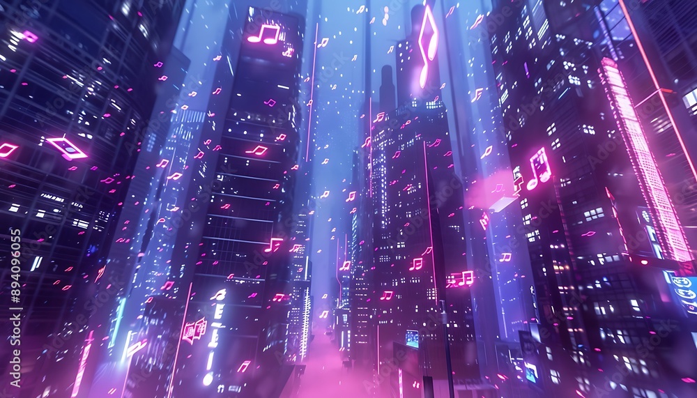 Obraz premium Neon Cityscape with Music Notes