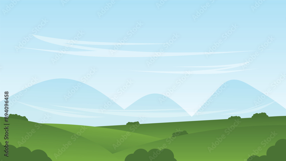 Obraz premium nature landscape scenery cartoon background with green field and blue sky
