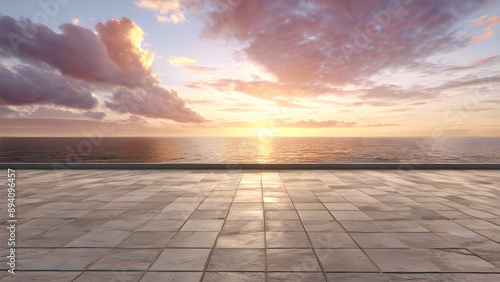 Empty floor on coastline with sky clouds at sunrise