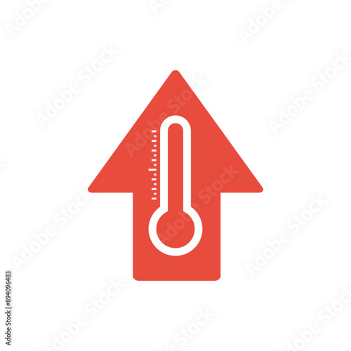 red up arrow with thermometer sign, climate control, weather change, high summer temperature, flat vector bicolor icon
