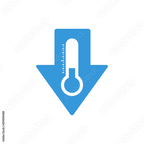 blue down arrow with thermometer sign, climate control, weather change, winter low temperature, flat vector bicolor icon