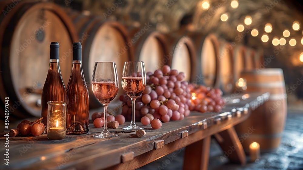 Rustic Wine Cellar with Rose Wine Glasses, Bottles, Grapes and Candlelight Ambiance Rustic Wine Cellar with Rose Wine Glasses, Bottles, Grapes and Candlelight Ambiance