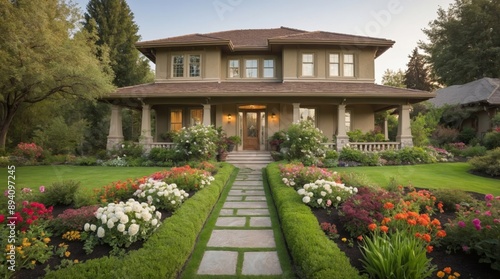 Charming two-story house with lush flower gardens