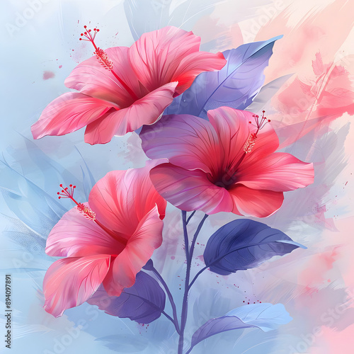 Pink Hibiscus Flowers Watercolor Painting