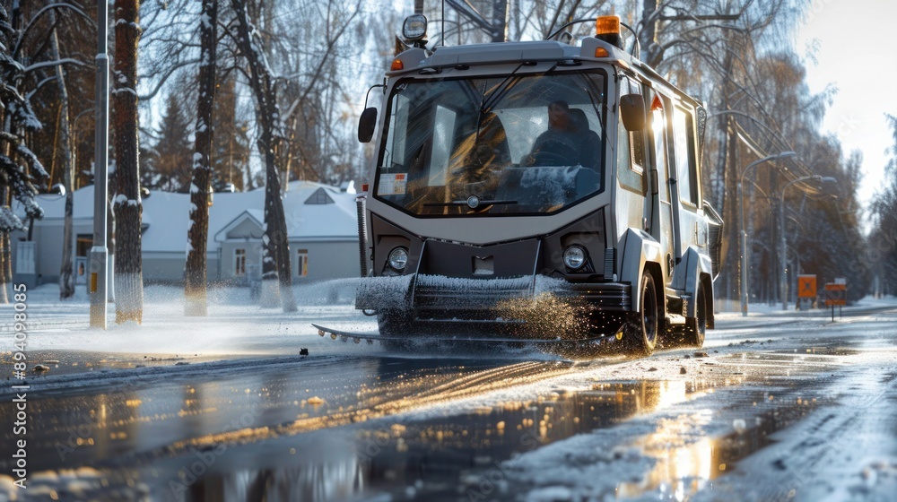 Modern road cleaning machine is working on asphalt Modern road cleaning machine is working on asphalt