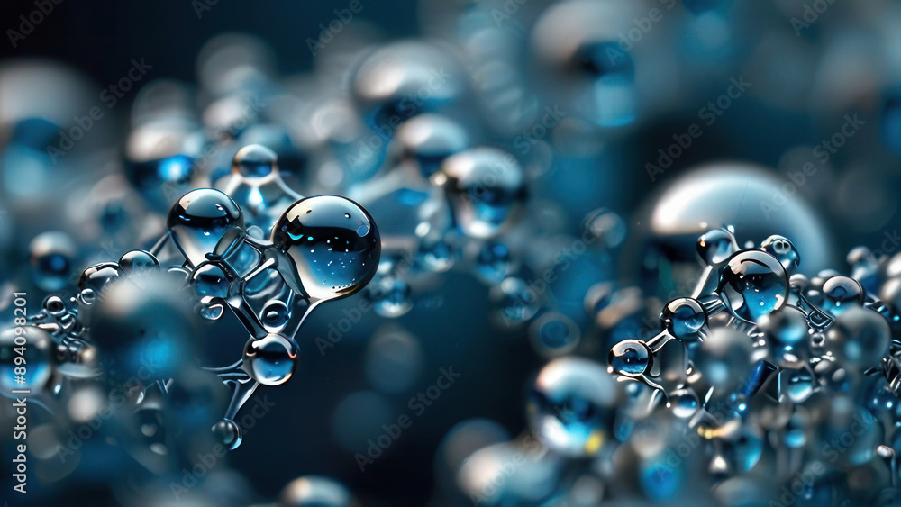 Abstract molecular structure in blue space science and medical background with water droplets Abstract molecular structure in blue space science and medical background with water droplets