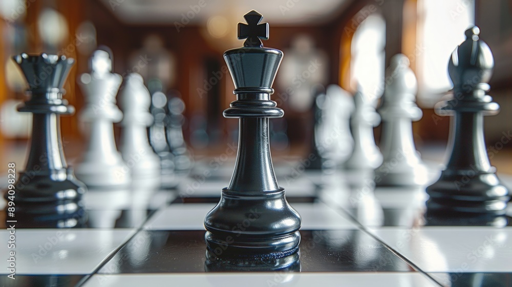 Black chess piece king standing in front of white pawns on the background. Black chess piece king standing in front of white pawns on the background.
