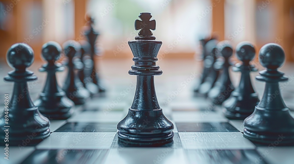 Black chess piece king standing in front of white pawns on the background. Black chess piece king standing in front of white pawns on the background.