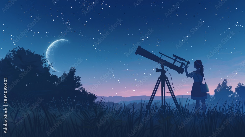 Girl with astronomical telescope stargazing under twilight sky. Girl with astronomical telescope stargazing under twilight sky.