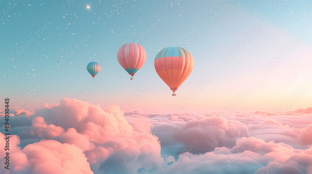 Hot air balloons floating above clouds at sunrise Hot air balloons floating above clouds at sunrise