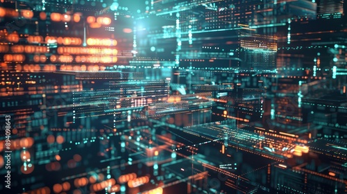 abstract representation of hedge fund operations, with layers of digital filters sorting and processing data in a visually complex setup