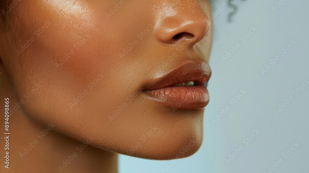 Fototapeta premium Close-up of a beautiful woman's chin, showcasing smooth skin and a delicate, natural contour, capturing elegance