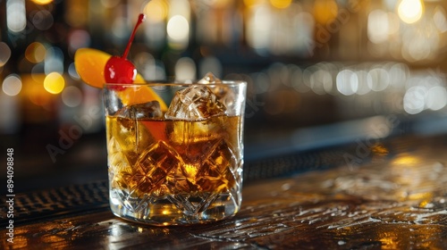 Classic old fashioned cocktail with an orange twist and a cherry, in a tumbler on a dark wooden bar