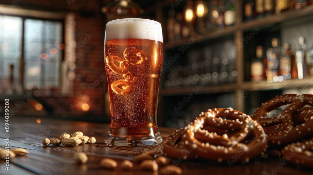 Craft beer in a pint glass with a foamy head, on a bar counter with pretzels and peanuts Craft beer in a pint glass with a foamy head, on a bar counter with pretzels and peanuts