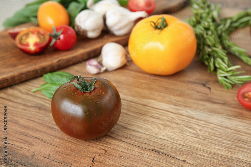 Different fresh tomatoes with garlic and rosemary on wooden background Different fresh tomatoes with garlic and rosemary on wooden background