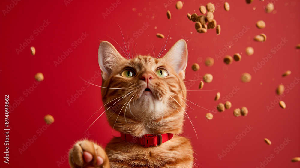 Orange tabby cat looking at treats against red background Orange tabby cat looking at treats against red background