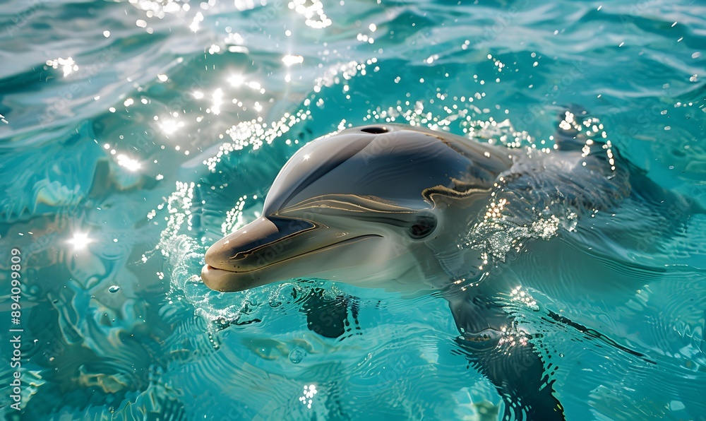 Fototapeta premium A dolphin's head pops out of the clear blue water, Generative AI