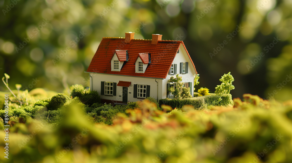 Charming miniature house surrounded by lush greenery in forest Charming miniature house surrounded by lush greenery in forest