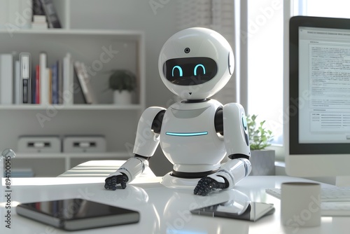 Futuristic white robot assistant with smiling face sitting at a modern office desk, ready to assist.