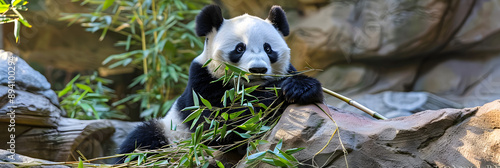 Panda adorável mastigando bambu photo