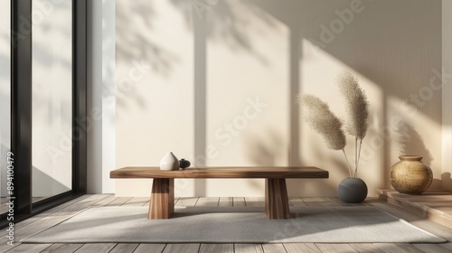 Modern home room interior with wood table for product display; furniture and decor concept photo