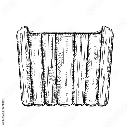 Garden pot of concrete and light wood. Tools for garden, home decor, flower vase, home decor, flower vase. Vector illustration in line art painted by black inks. Cultivation of greenery and plants