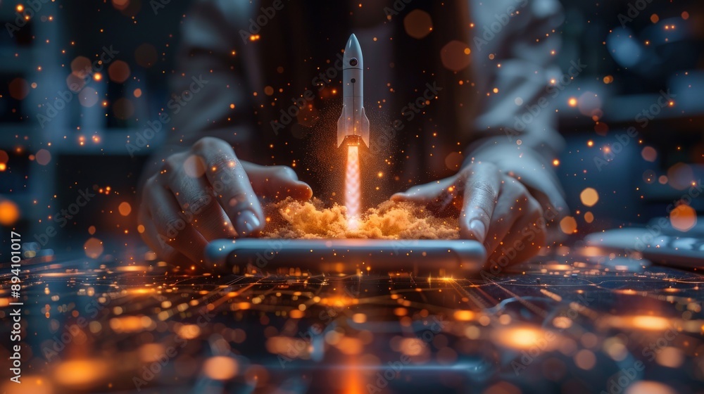 Businessman holding a smartphone with a rocket launch and growth graph on the screen. Businessman holding a smartphone with a rocket launch and growth graph on the screen.
