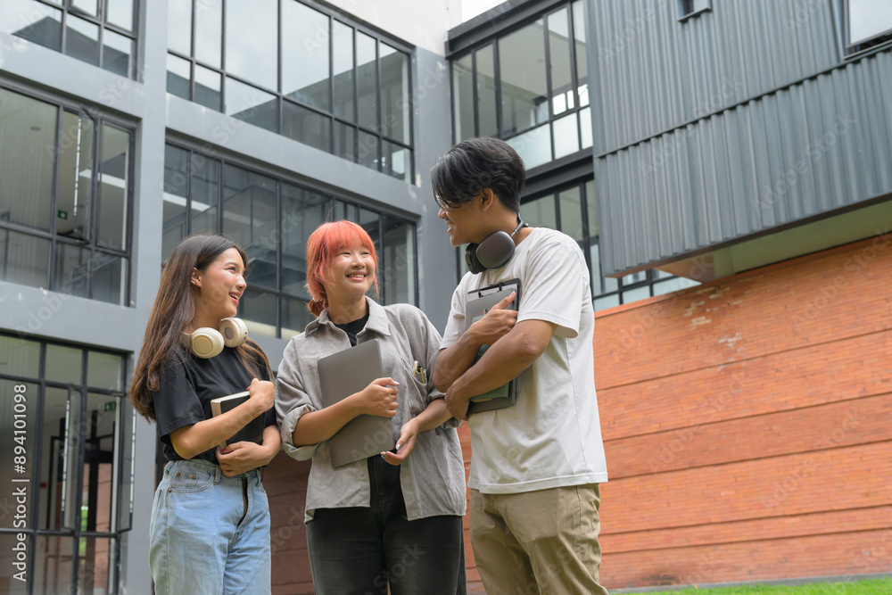 Group of Diverse Students Socializing Outdoors on Modern Campus with Laptops and Headphones Group of Diverse Students Socializing Outdoors on Modern Campus with Laptops and Headphones