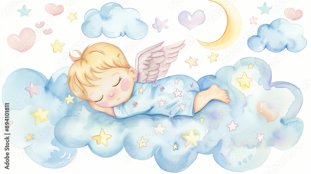 Angelic Baby Sleeping on a Cloud with Stars and Moon Angelic Baby Sleeping on a Cloud with Stars and Moon