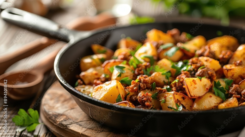 A cast-iron skillet filled with chorizo and potato hash. A cast-iron skillet filled with chorizo and potato hash.