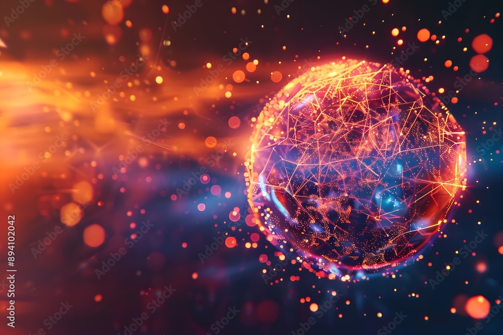 Obraz premium Digital sphere with glowing lines and particles in space evoking technological innovation