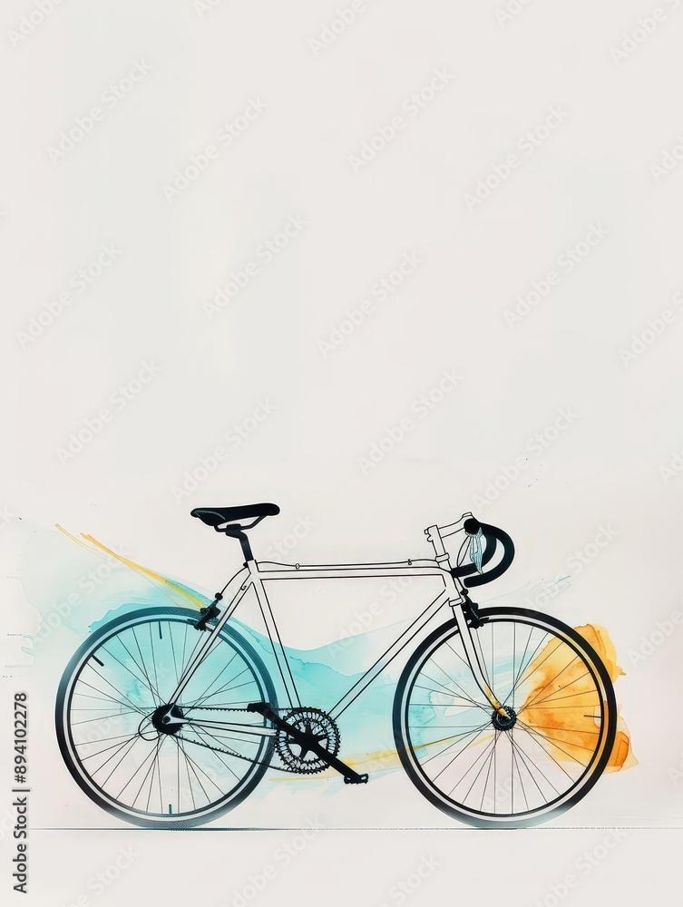 Serene Bicycle Minimalist Line Art with Blue and Yellow Watercolor Highlights on White Background Serene Bicycle Minimalist Line Art with Blue and Yellow Watercolor Highlights on White Background