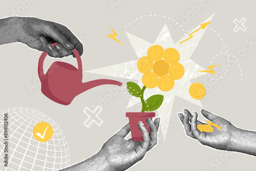 Fashionable halftone collage business concept. Concept of hands with investment. The image shows hands that attract investment for business development.Trendy modern retro illustration.