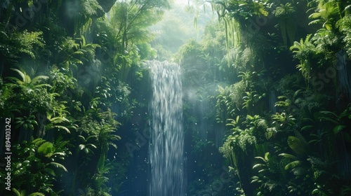 A waterfall cascading into an infinite void surrounded by lush greenery