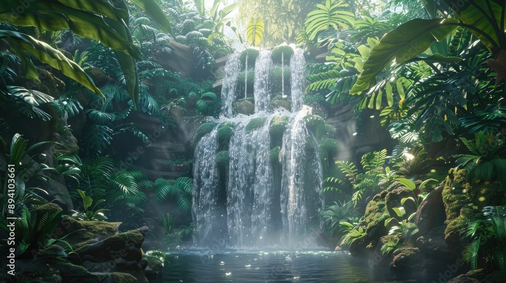 A waterfall cascading into an infinite void surrounded by lush greenery A waterfall cascading into an infinite void surrounded by lush greenery