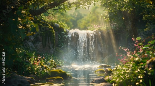A waterfall cascading into an infinite void surrounded by lush greenery