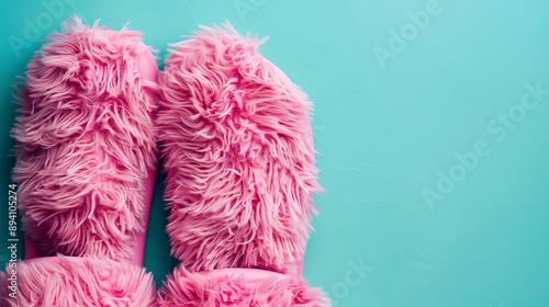 Fluffy pink slippers on bright turquoise backdrop photo