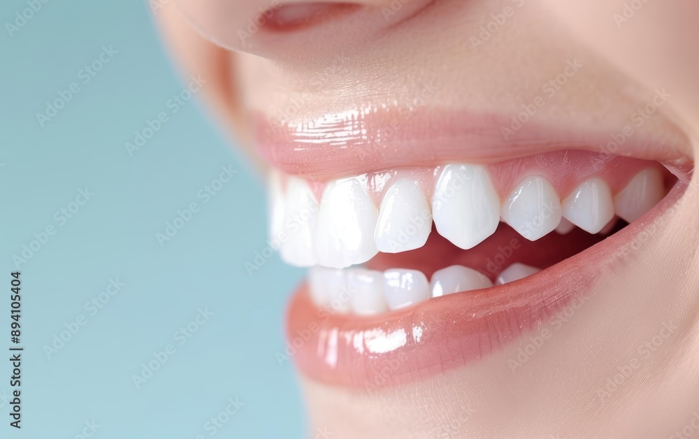 Obraz premium A close-up of a person smiling with bright, white teeth, showcasing dental health and conveying happiness and confidence.