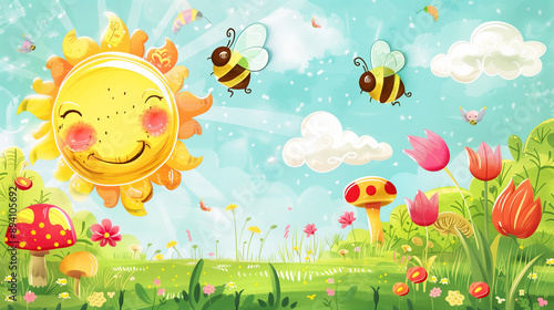 Happy Sun with Flowers and Bees in a Spring Garden