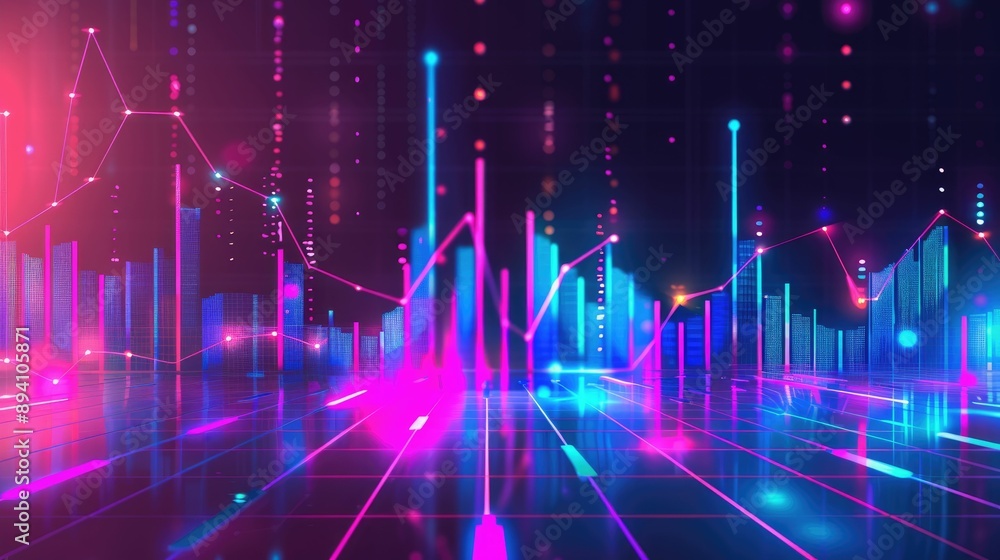Abstract depiction of financial graphs and charts in neon colors Abstract depiction of financial graphs and charts in neon colors