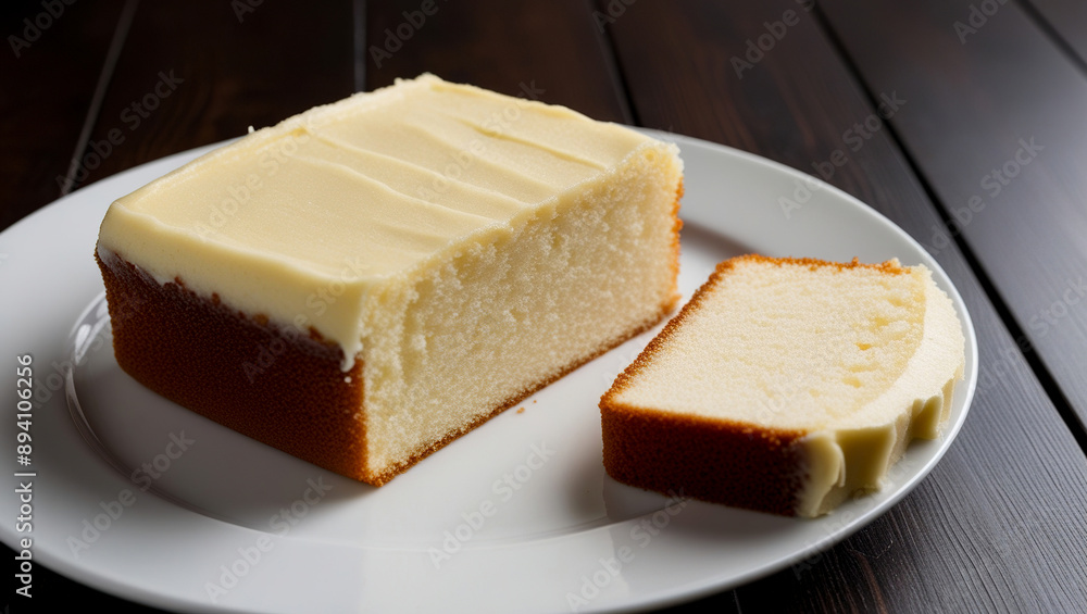 Slice of butter cake on a dark wooden background, Japanese butter cake on a white plate Slice of butter cake on a dark wooden background, Japanese butter cake on a white plate
