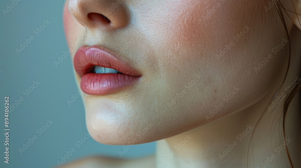 Obraz premium Close up of the neck and chin area of a woman in her late fifties with some wrinkles around her mouth.