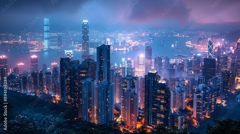 Fototapeta premium bustling cityscape at night with skyscrapers lit up and busy streets below