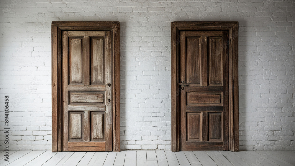 Fototapeta premium Vintage wooden door background with copy space, Antique wooden door background, Rustic wooden door on white brick wall